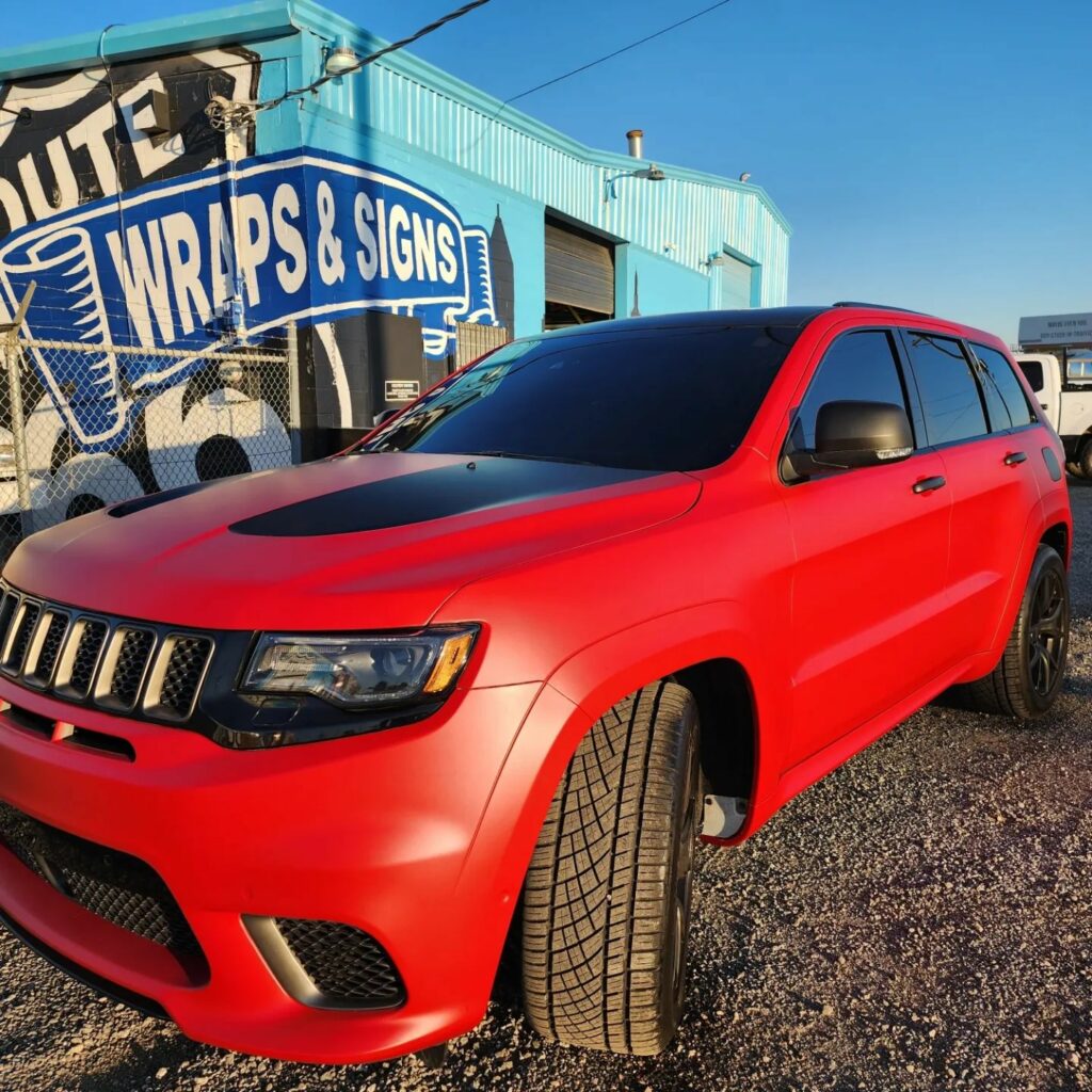 Jeep Trackhawk Full Color Change. 3M 2080 Matte Metallic Red & Deep Matte Black. Color change wrap.