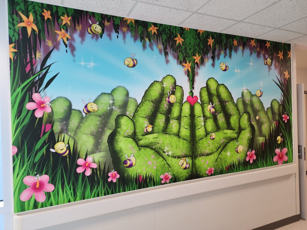 St. Francis NICU Wall Wraps - Bee Garden. Interior Wall Mural with matte laminate for low glare. Graphics by artist Scribe - Children's Hospital