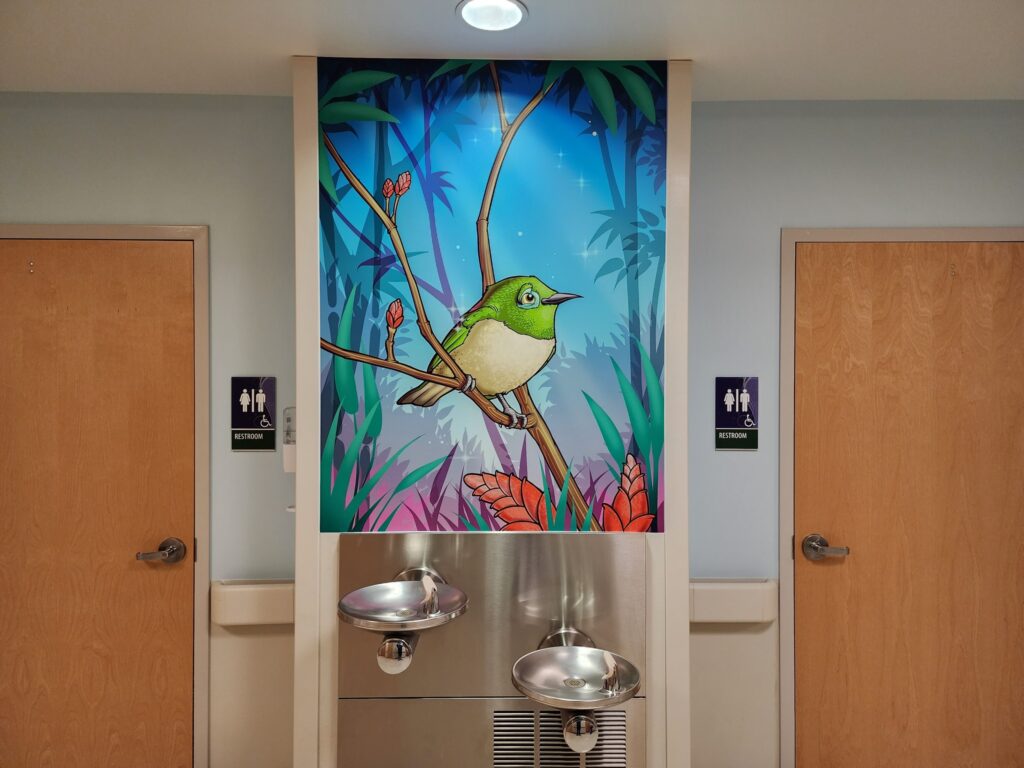 St. Francis Wall Wraps. Hummingbird wall wrap. St. Francis Children's Hospital wall wrap. Interior Wall Mural with matte laminate for low glare. Graphics by Scribe.