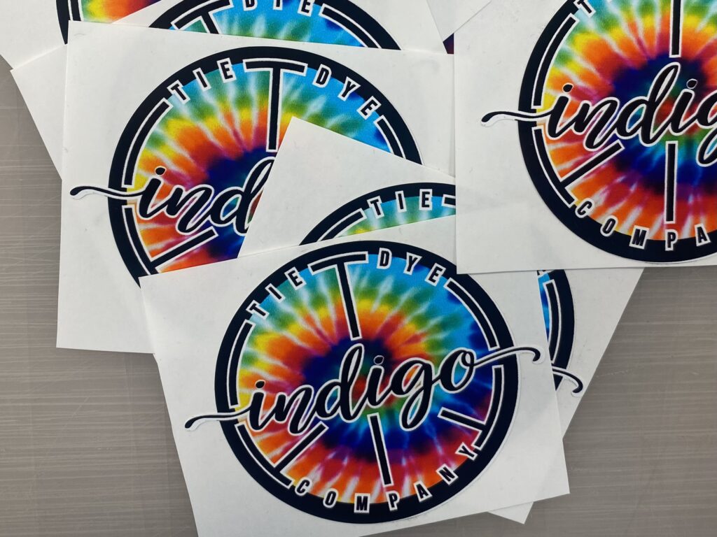 indigo stickers. business stickers. Indigo Tie Dye Company stickers.