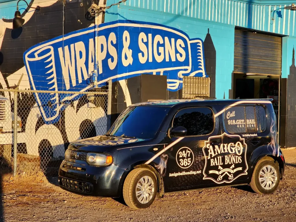 Nissan Cube vehicle wrap. Amigo Bail Bonds.